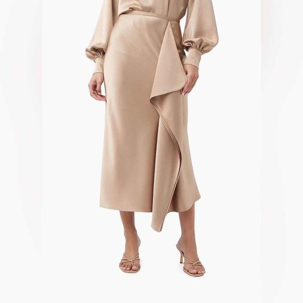Trina Turk $198 Sahel Satin Asymmetric Flowy Midi-Skirt in Tan Camel Size 6